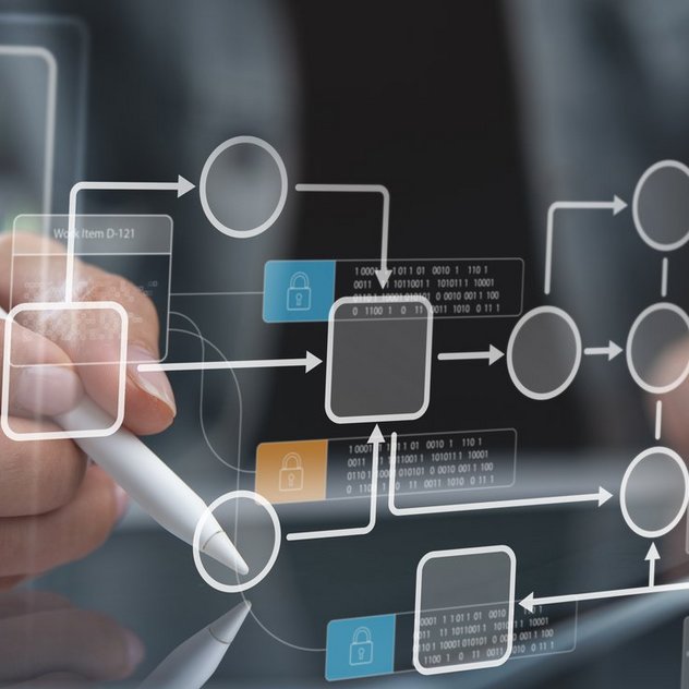 PAVIS Projektmanagement: Effizient, Zertifiziert und Flexibel Eine Hand zeichnet auf einer holografischen Oberfläche ein Flussdiagramm mit Pfeilen, Kästen und To-Do-Elementen.