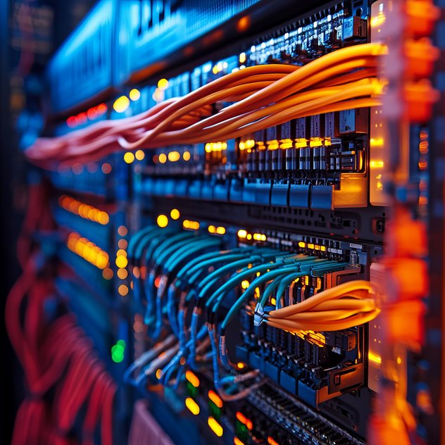 PAVIS Schaltschrankbau: Qualität und Präzision: Made in Germany  Rechenzentrum: Serverrack mit bunten Kabelbündeln (orange/blau) und leuchtenden LEDs.